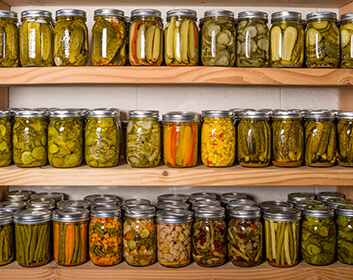 
many jars of pickles placed on 3 parallel-vertical wooden shelves